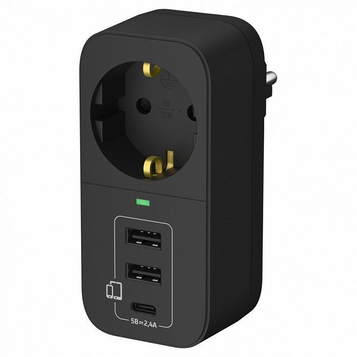 Адаптер Фотон АМ 16-1Е-USB/A2C1 16А, с/з 2USB-A+USB-C, 2,4A черный